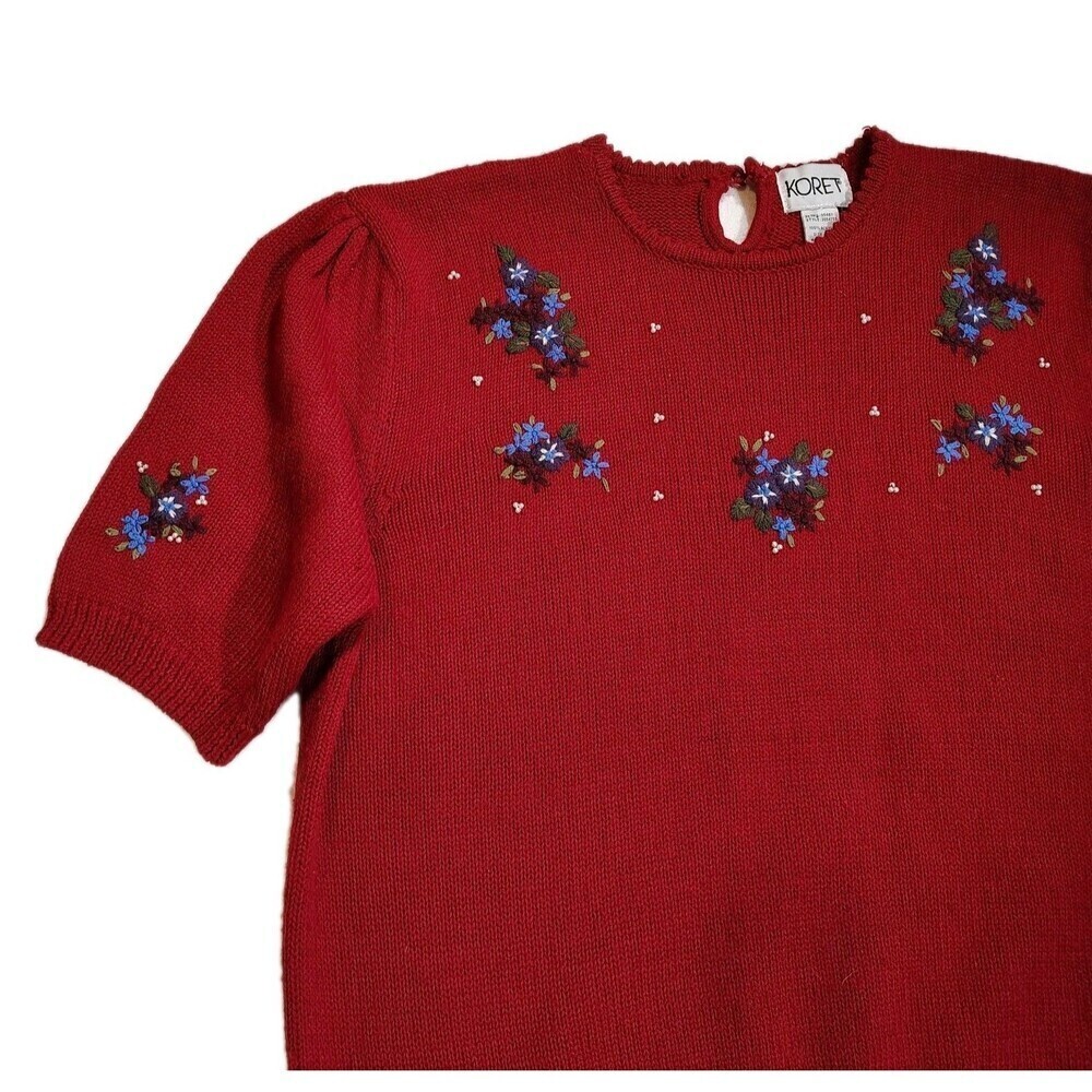 Vintage Embroidered Sweater Top Womens 1X Short Sleeve Floral Cottagecore